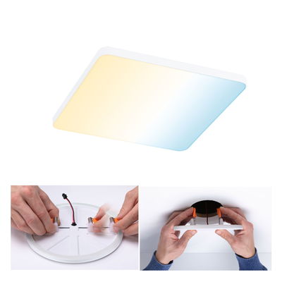 White LED ceiling panel with adjustable warm to cool white light, installation steps demonstrated