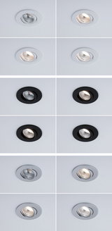 Quatre spots LED encastrés blancs, noirs et argentés avec différentes positions d'éclairage au plafond