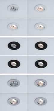 Four white, black and silver LED recessed spotlights in various light positions on ceiling