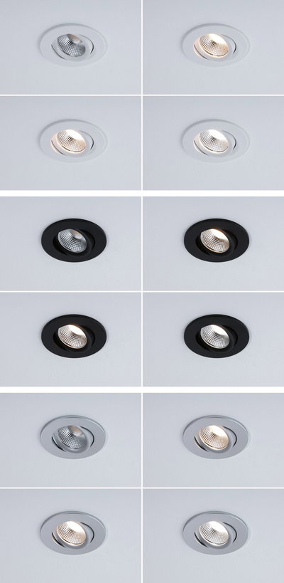 Quatre spots LED encastrés blancs, noirs et argentés avec différentes positions d'éclairage au plafond