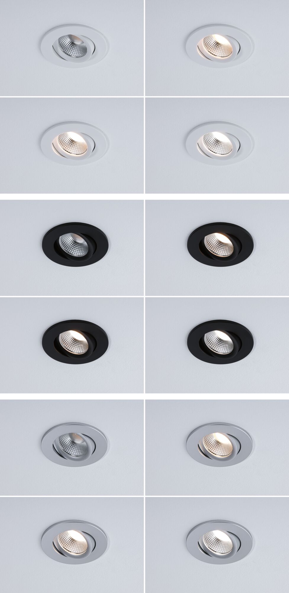 Four white, black and silver LED recessed spotlights in various light positions on ceiling