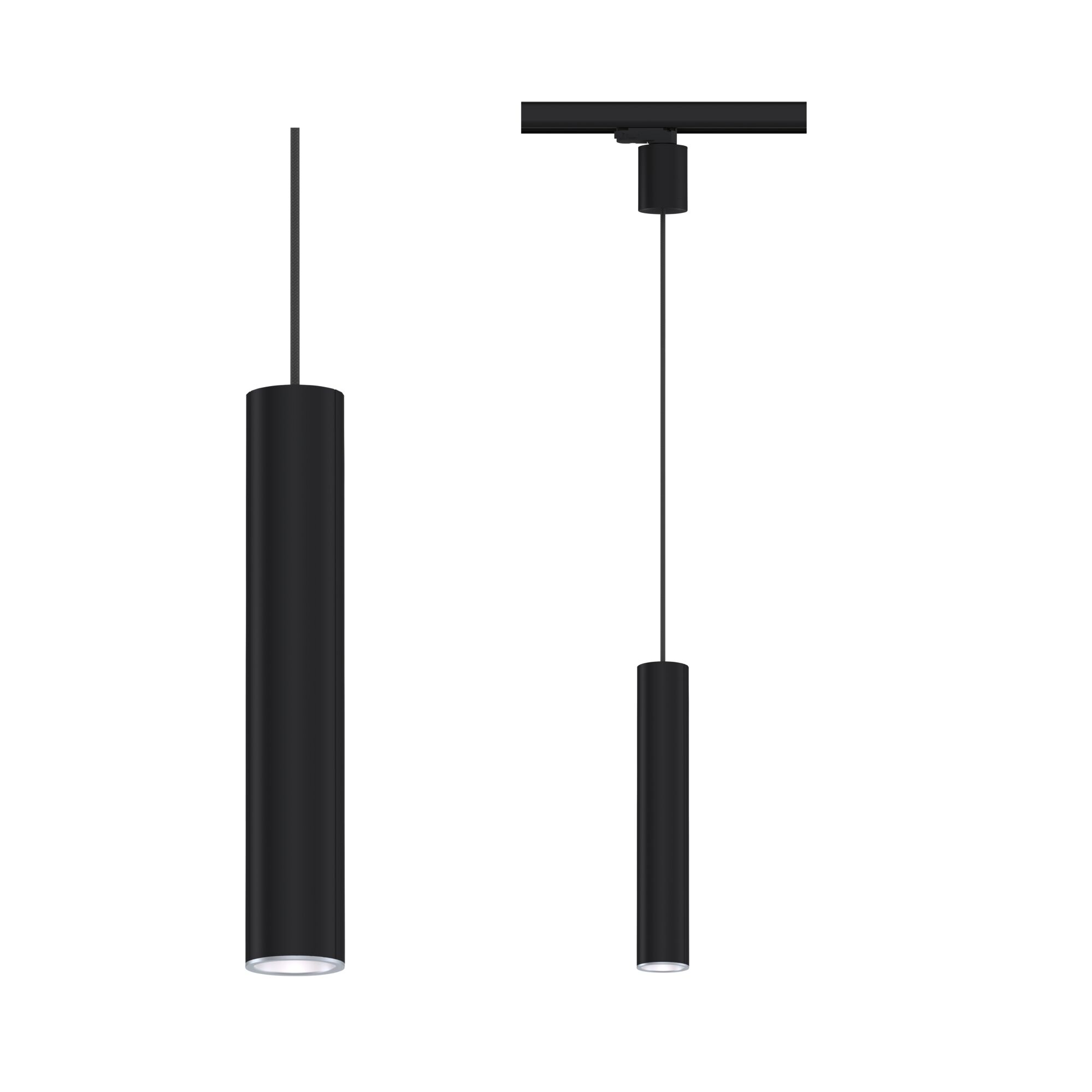 Black cylindrical metal LED pendant light with minimalist design for modern interior lighting