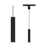 Black cylindrical metal LED pendant light with minimalist design for modern interior lighting