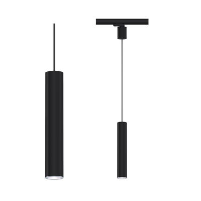 Black cylindrical metal LED pendant light with minimalist design for modern interior lighting