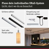 Modulares URail-Schienensystem mit schwarzen und silbernen Schienen und Holzpendelleuchte für Küchenbeleuchtung