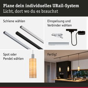 Modulares URail-Schienensystem mit schwarzen und weißen Schienen, Steckern und Pendelleuchten für flexible Beleuchtung