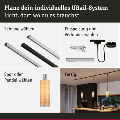 Modulares URail-Schienensystem mit schwarzen und silbernen Schienen und Holzpendelleuchte für Küchenbeleuchtung