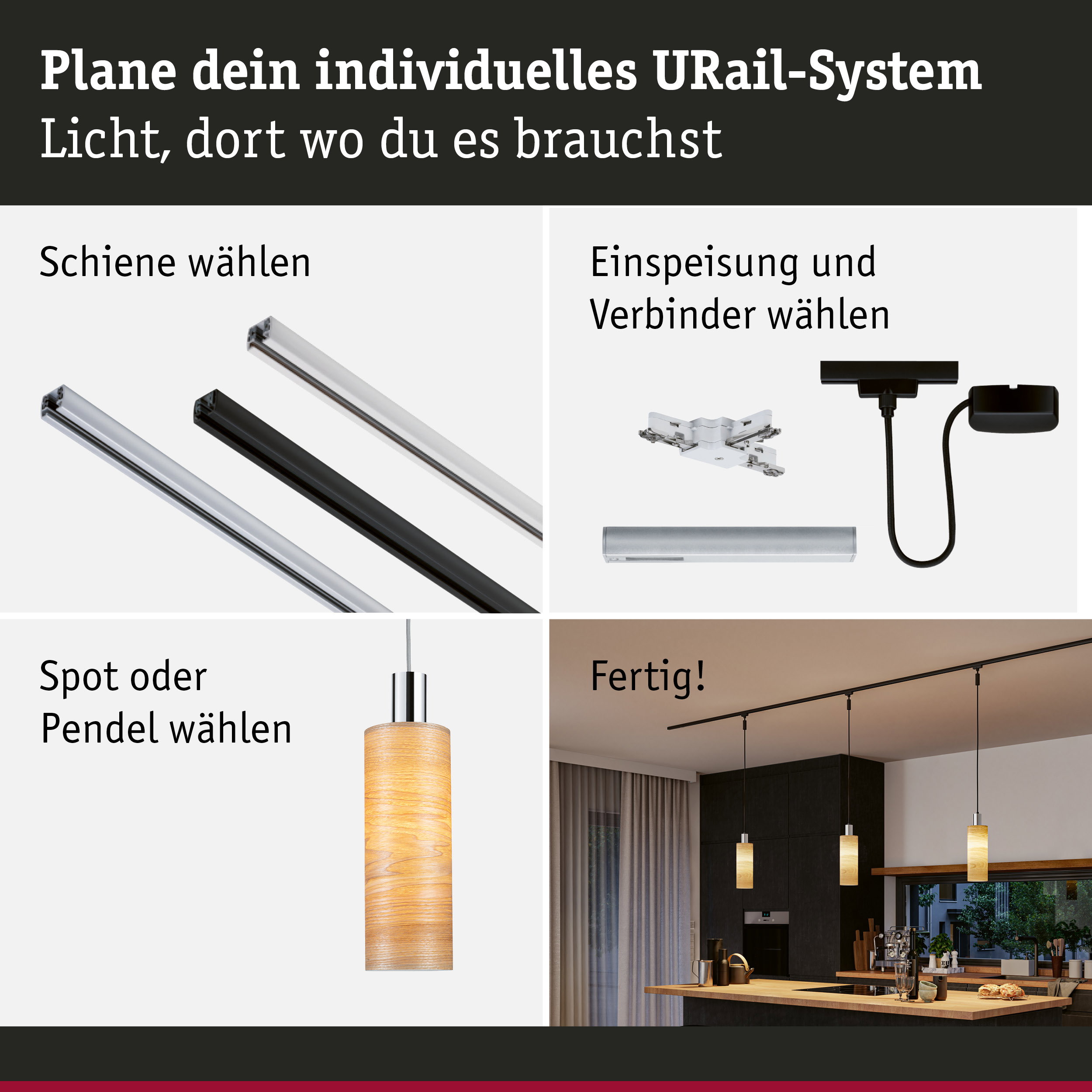 Modulares URail-Schienensystem mit schwarzen und weißen Schienen, Steckern und Pendelleuchten für flexible Beleuchtung