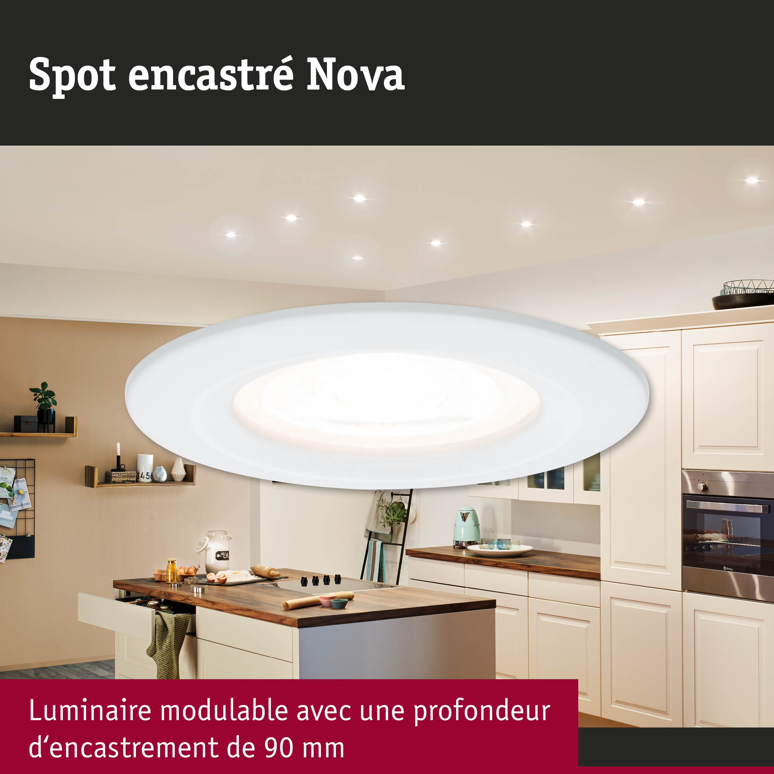Spot encastré modulaire blanc Nova avec profondeur d'encastrement de 90 mm pour cuisine moderne