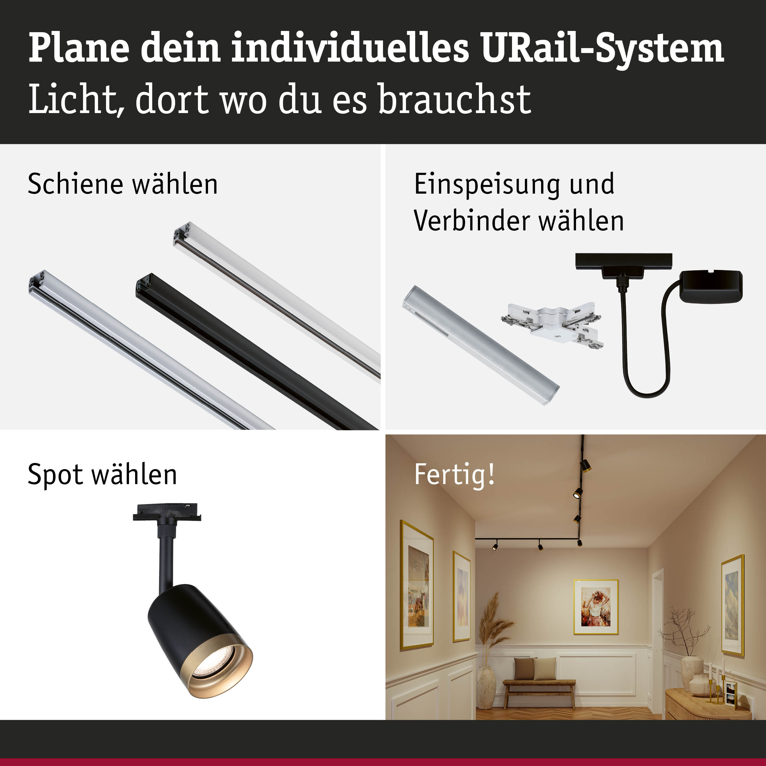 Modulares URail-Schienensystem in Schwarz und Weiß mit Spot und Verbindern für flexible Lichtgestaltung