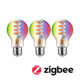 Drei bunte LED-Glühbirnen mit Spiralfaden und E27-Fassung, geeignet für Zigbee Smart Home Beleuchtung.