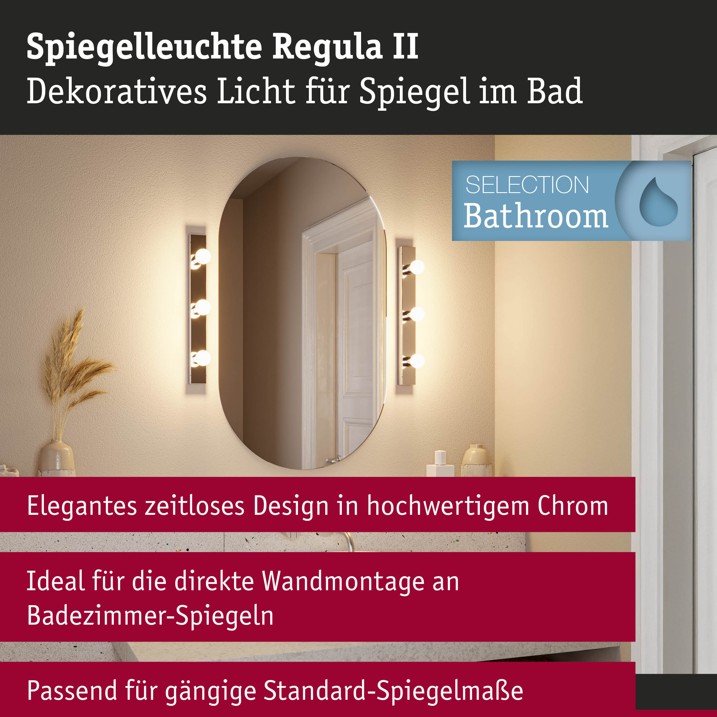 Spiegelleuchte Regula II in Chrom mit warmweißem Licht neben ovalem Badezimmerspiegel