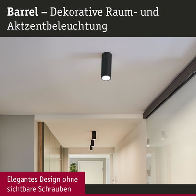 Schwarze zylindrische Deckenleuchte Barrel für dekorative Raumbeleuchtung ohne sichtbare Schrauben