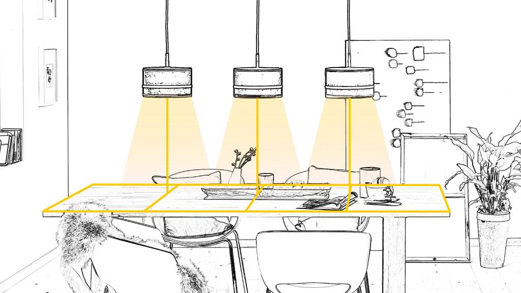 Sketch showing three pendant lights evenly illuminating a dining table with warm yellow light in a living space.