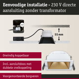 Witte vierkante LED-inbouwspot met gouden reflector en 55 mm inbouwdiepte, directe 230 V aansluiting