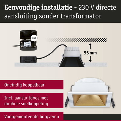 Witte vierkante LED-inbouwspot met gouden reflector en 55 mm inbouwdiepte, directe 230 V aansluiting