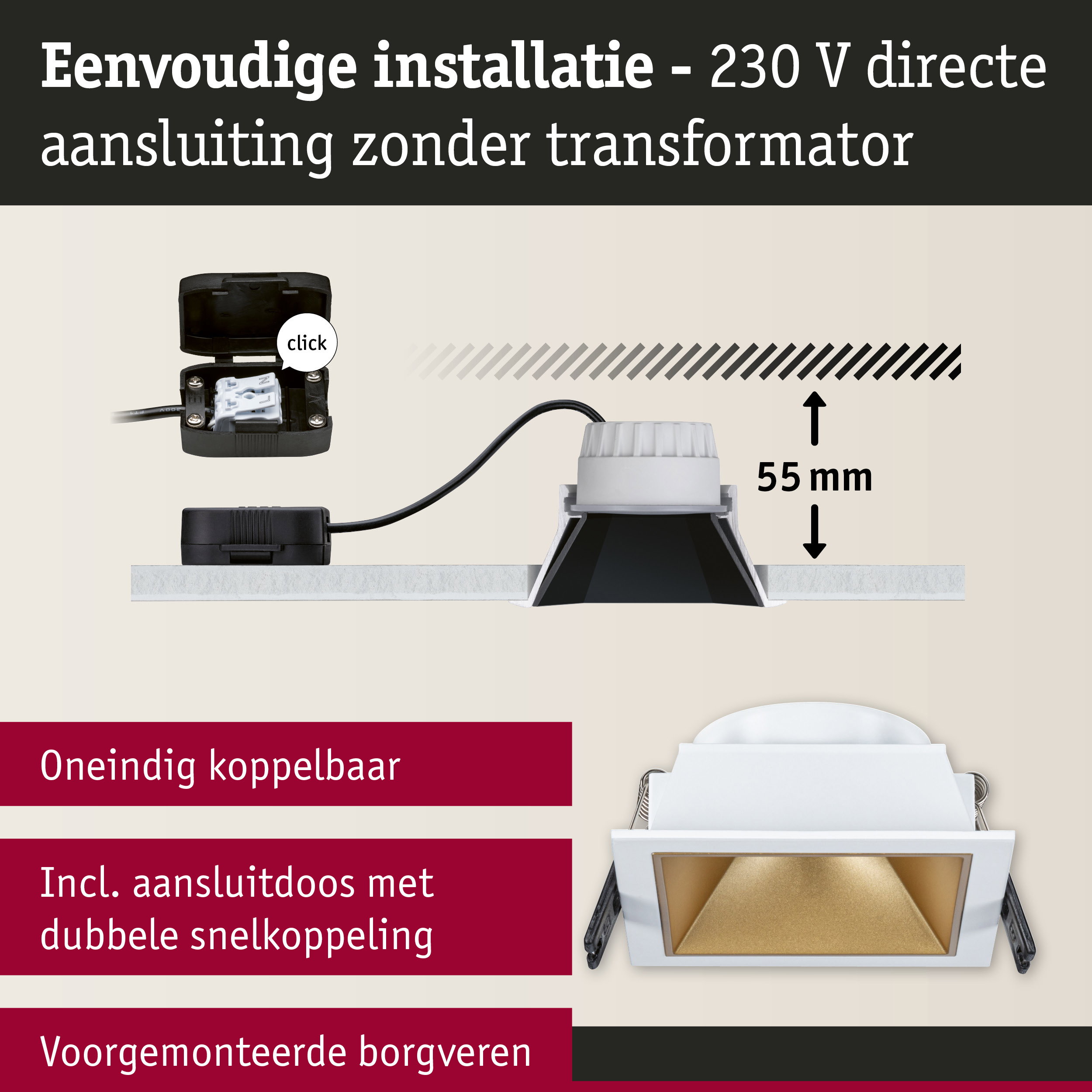 Witte vierkante inbouwspot met gouden reflector en 230V directe aansluiting voor verlichting