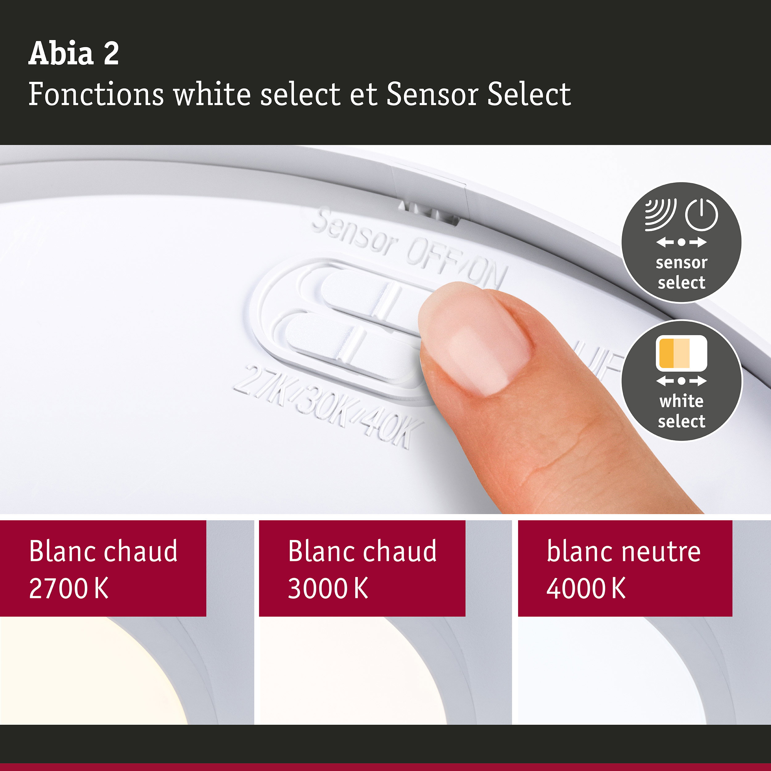 Panneau LED Abia 2 White Select Détecteur de mouvement crépusculaire (HF) rond 400mm 16W 1400lm White Select Blanc