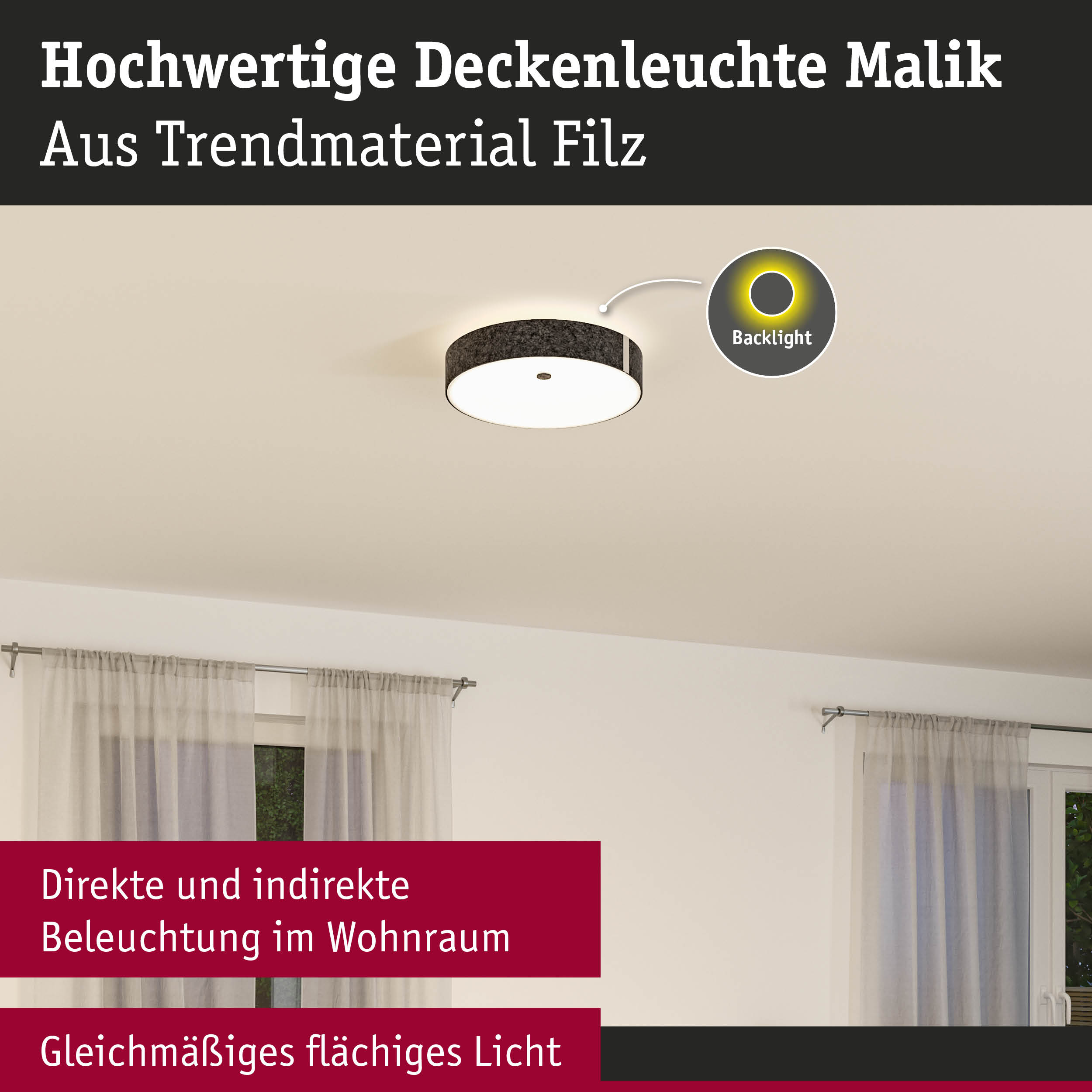 Deckenleuchte Malik aus Filz in Dunkelgrau mit direkter und indirekter Beleuchtung für Wohnräume