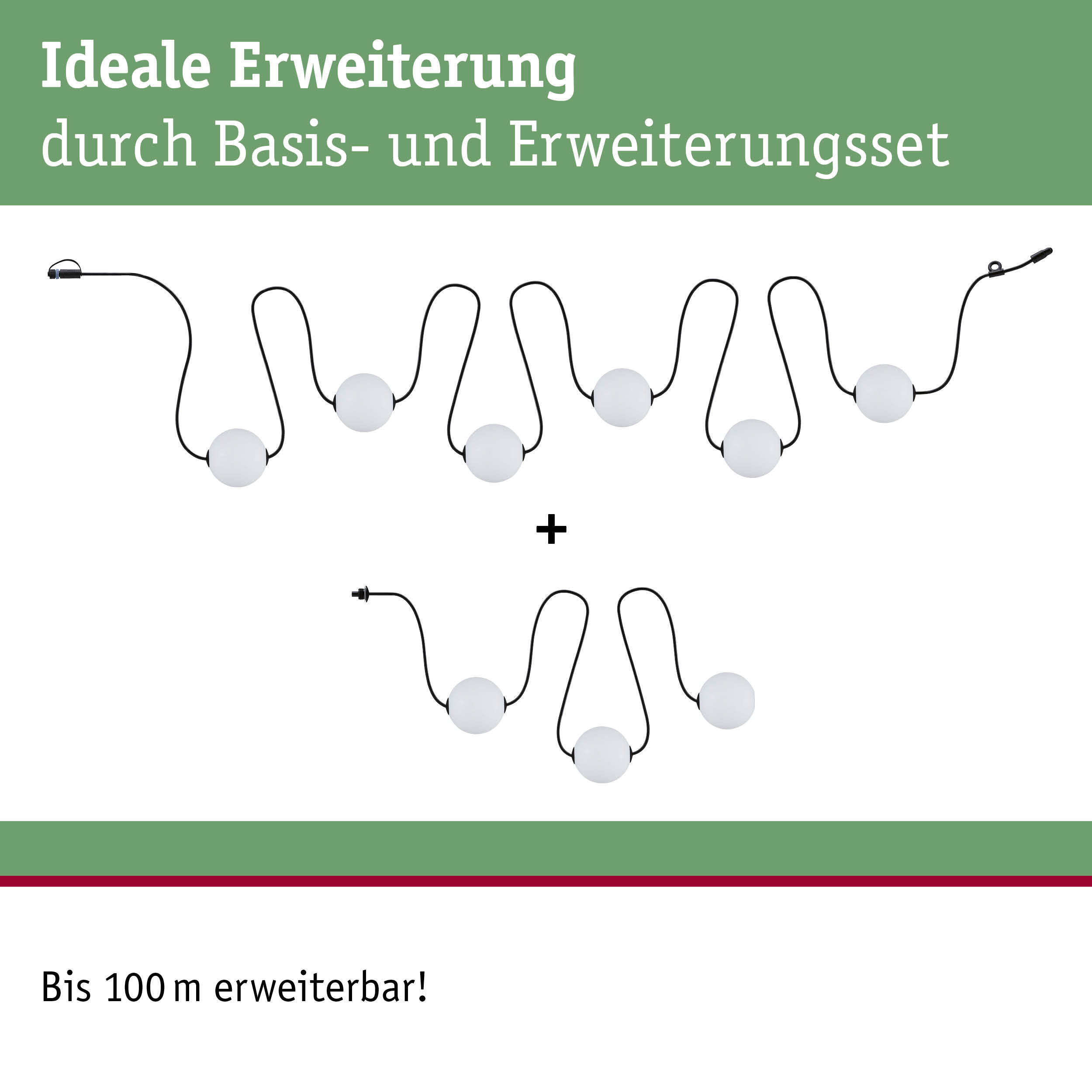 Erweiterungsset mit weißen Kugelleuchten und schwarzem Kabel, bis 100 m erweiterbar für Lichtsysteme