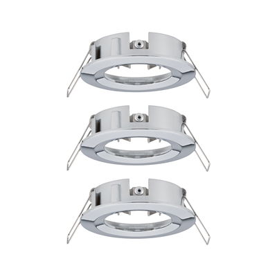 Three round silver metal recessed frames with spring clips for LED spotlights.