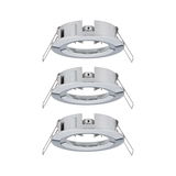 Three round silver metal recessed frames with spring clips for LED spotlights.