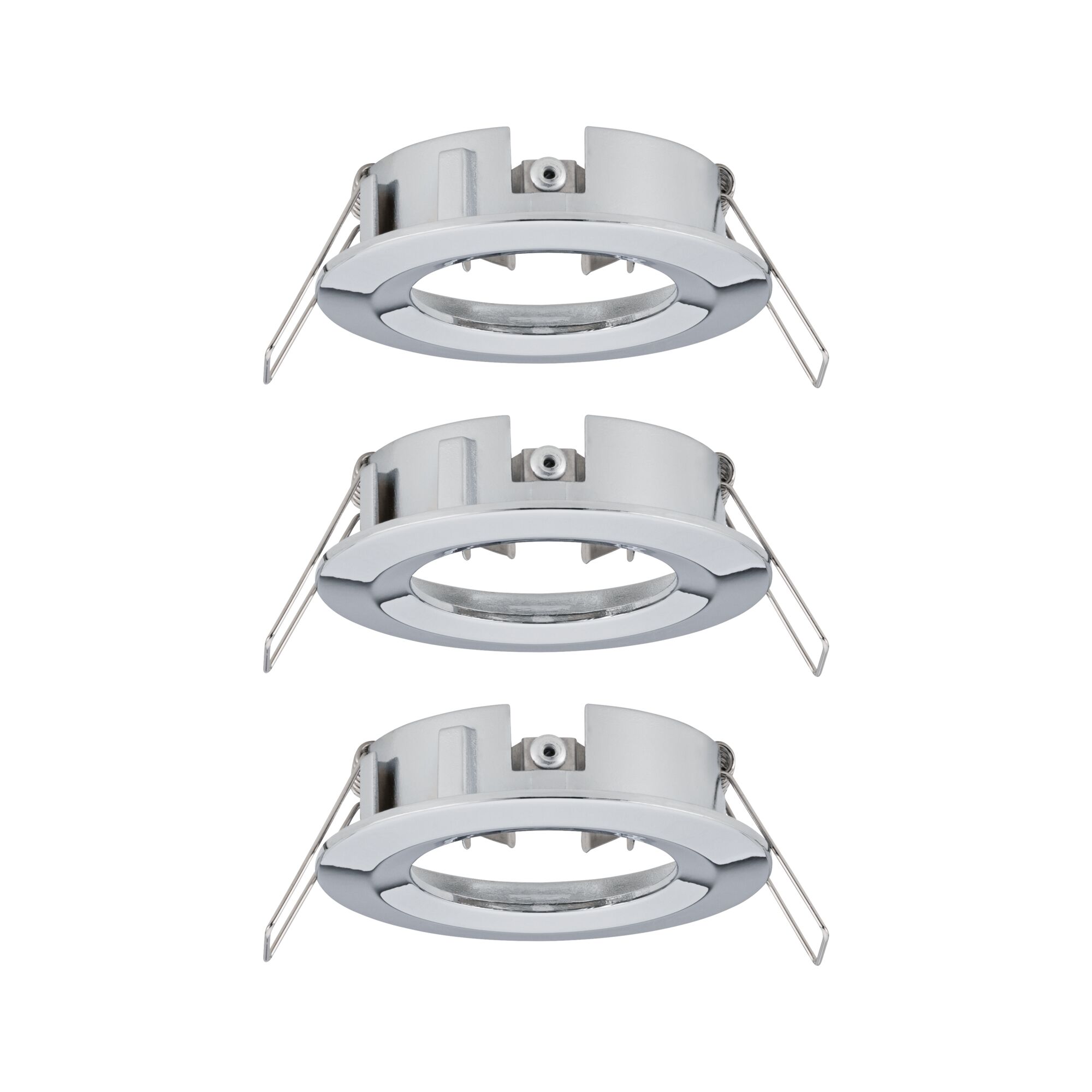 Drie ronde zilverkleurige metalen inbouwframes met veerclips voor LED-spotjes.