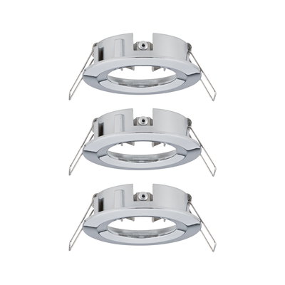 Three round silver metal recessed frames with spring clips for LED spotlights.