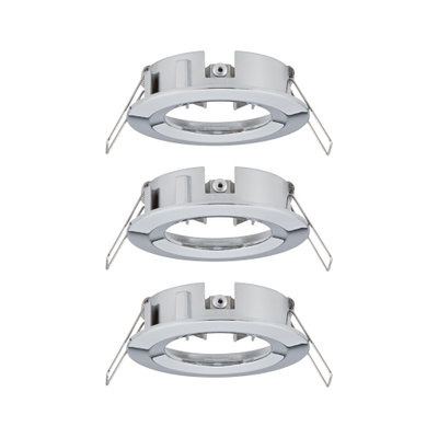 Three round silver metal recessed frames with spring clips for LED spotlights.