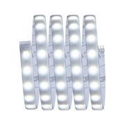 Flexible LED strip light with warm white glow and adhesive backing for versatile lighting solutions.