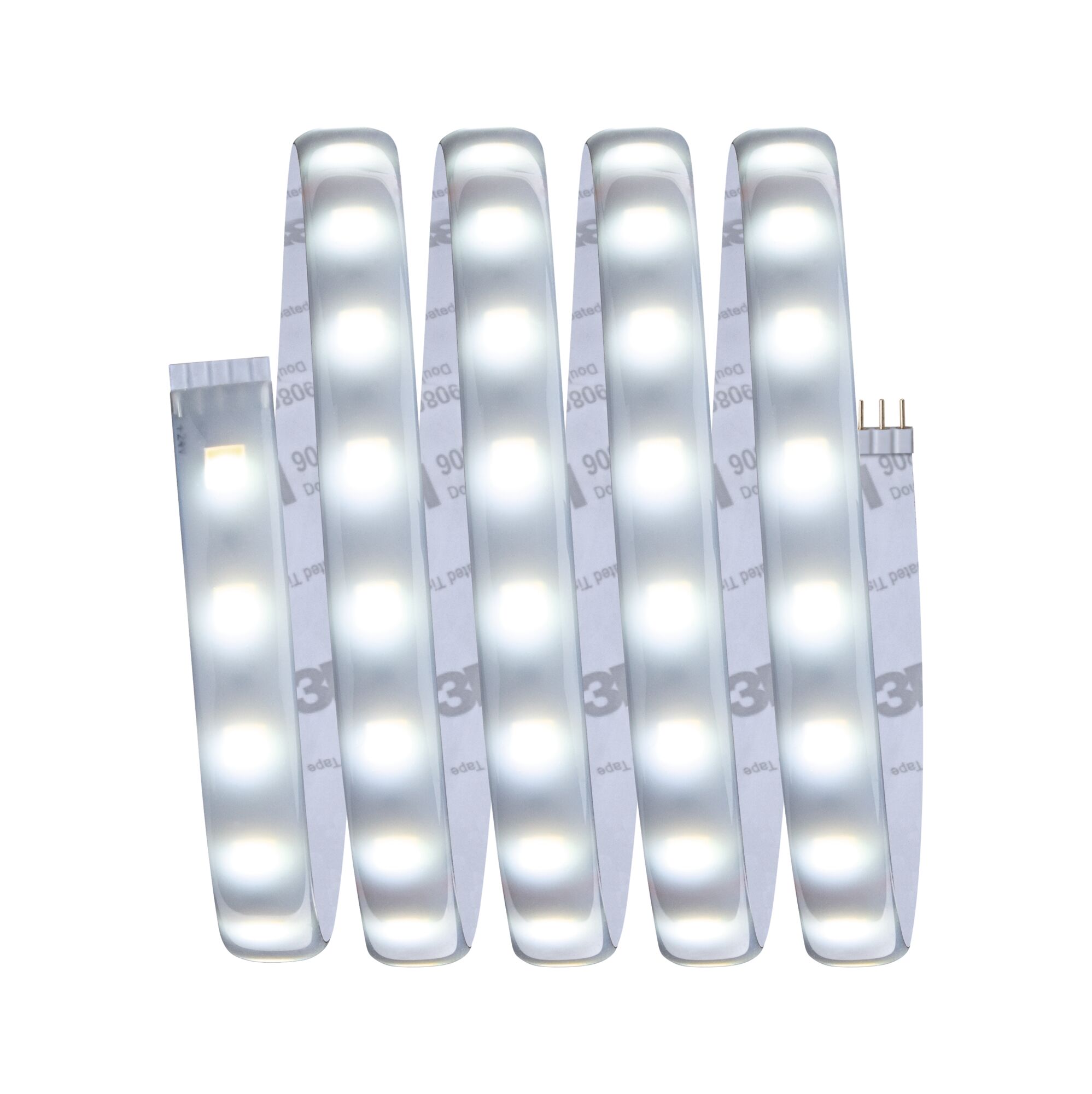 Flexible LED strip light with warm white glow and adhesive backing for versatile lighting solutions.