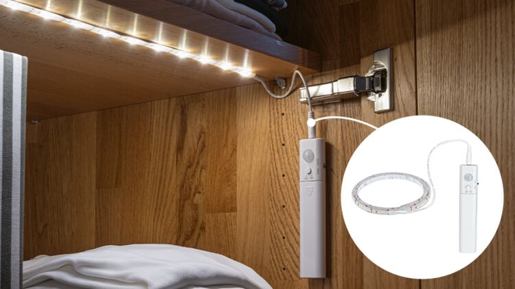 White LED strip light with remote, warm white illumination for wooden cabinet lighting
