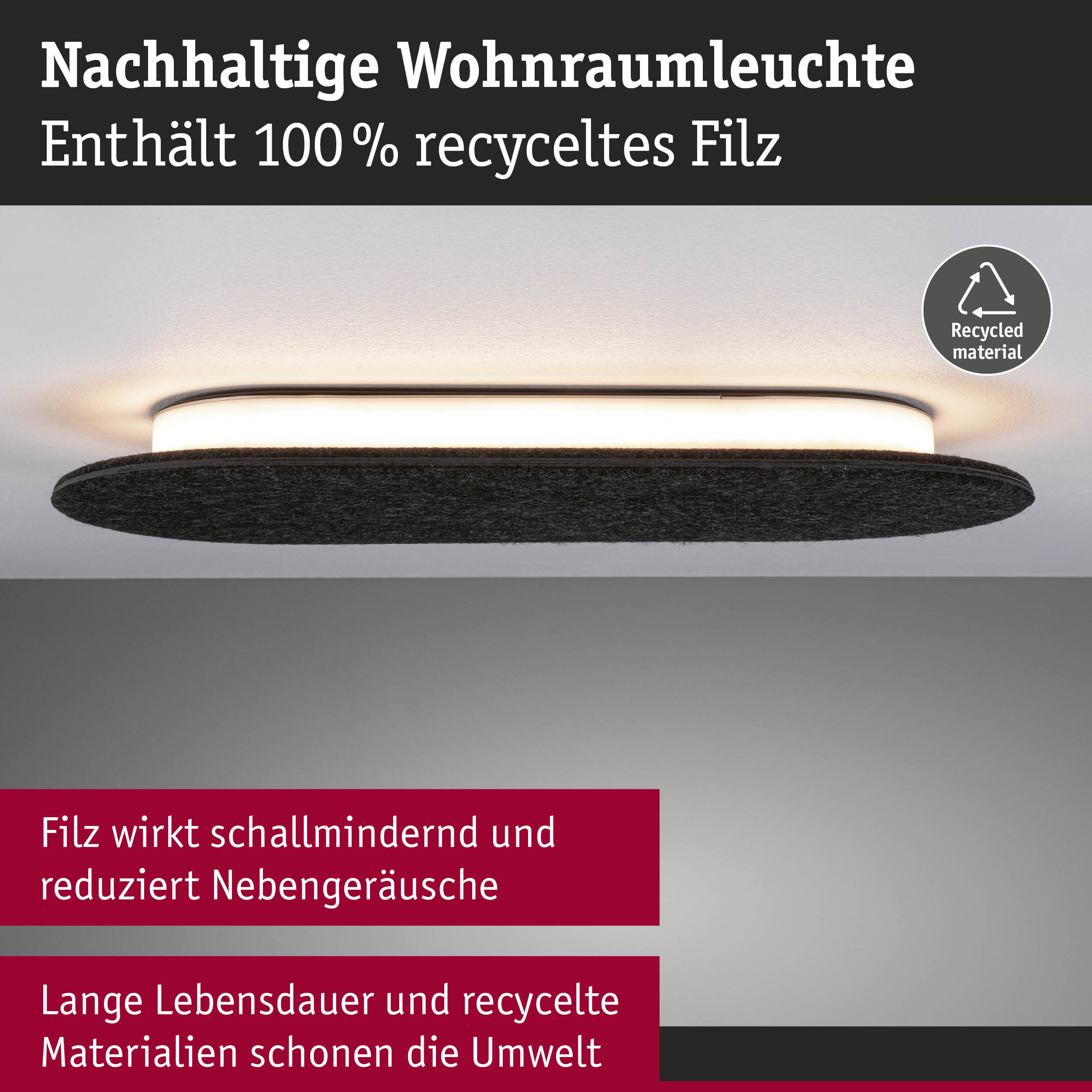 Nachhaltige Wohnraumleuchte mit 100% recyceltem Filz in Schwarz, energiesparende LED-Deckenlampe