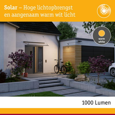 Solar buitenlamp met warm wit licht en 1000 lumen voor heldere tuin- en entreeverlichting