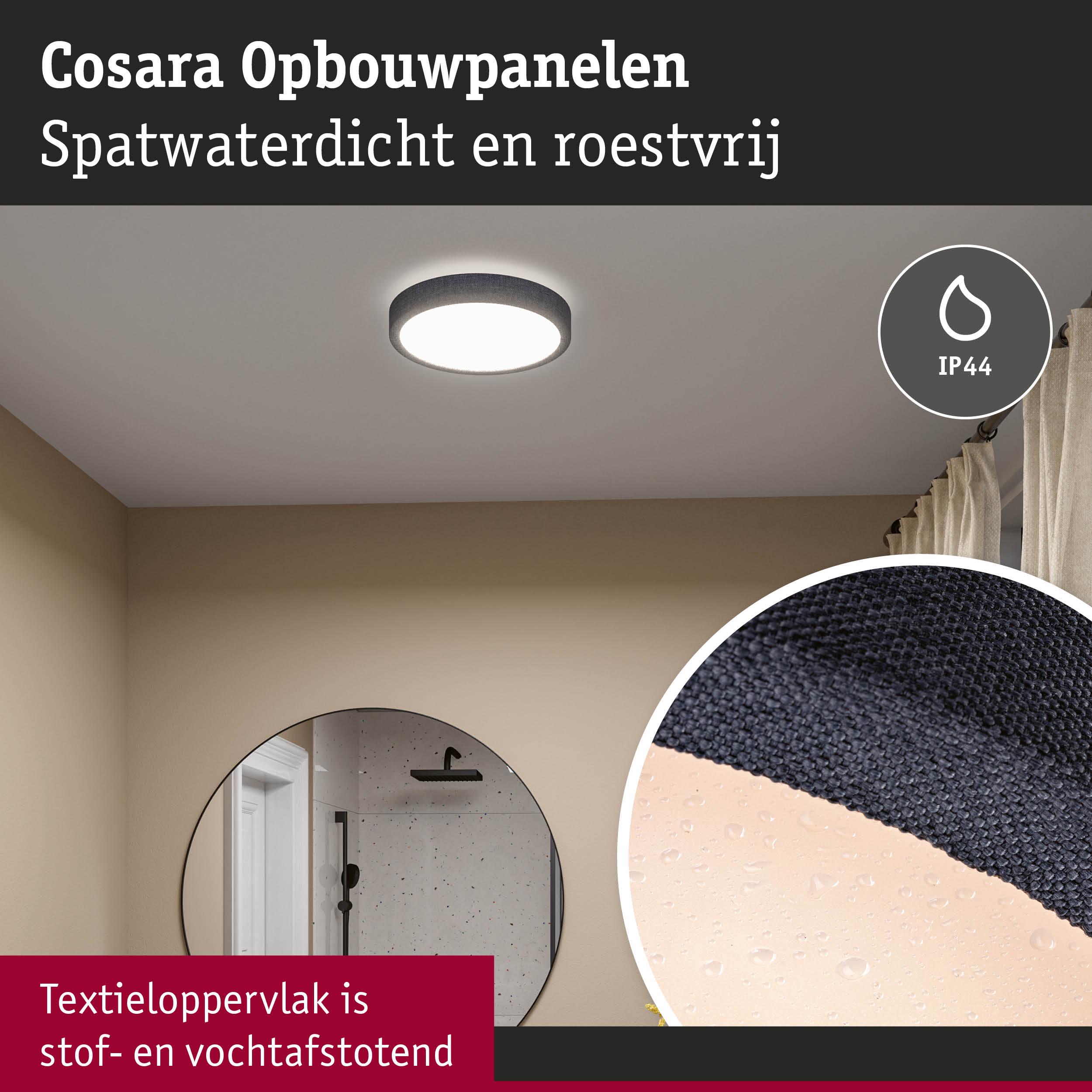 Cosara opbouwpaneel met zwarte textieloppervlak, spatwaterdicht en roestvrij, IP44 beschermingsklasse