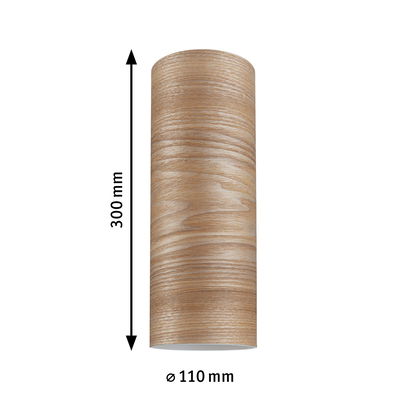 Cylindrical ceiling light in wood finish, 300 mm height and 110 mm diameter, ideal for living spaces