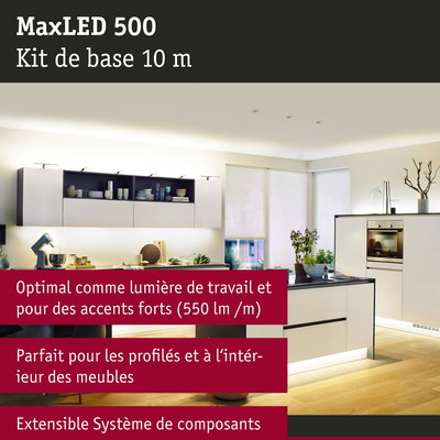 Cuisine moderne avec éclairage LED MaxLED 500 blanc 10 m, idéal pour lumière de travail et accents sur meubles