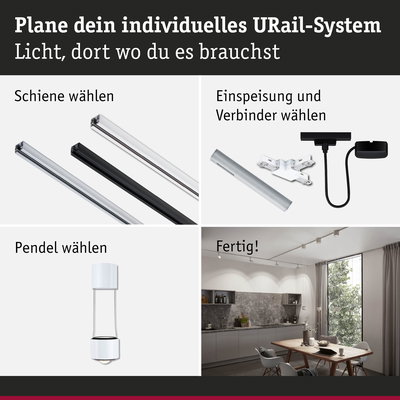 Individuelles URail-System mit weißen und schwarzen Schienen, Verbindern und weißem Pendel für flexible LED-Beleuchtung