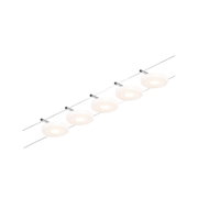 Modern LED cable lighting with five round white lamps and chrome mounts for living spaces