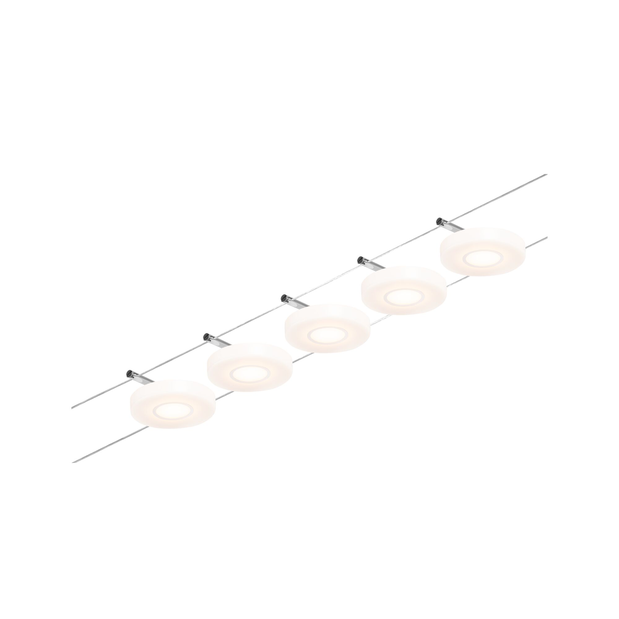 Moderne LED-Seilbeleuchtung mit fünf runden weißen Leuchten und Chromhalterungen für Wohnräume.