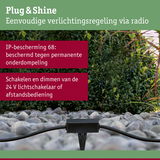 Zwart Plug & Shine besturingsapparaat op stenen met groene achtergrond, IP68 waterdichte buitenverlichting