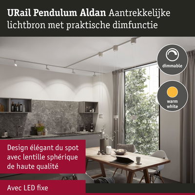 Suspension URail Pendulum Aldan blanche avec LED dimmable blanc chaud, éclairage élégant pour salle à manger