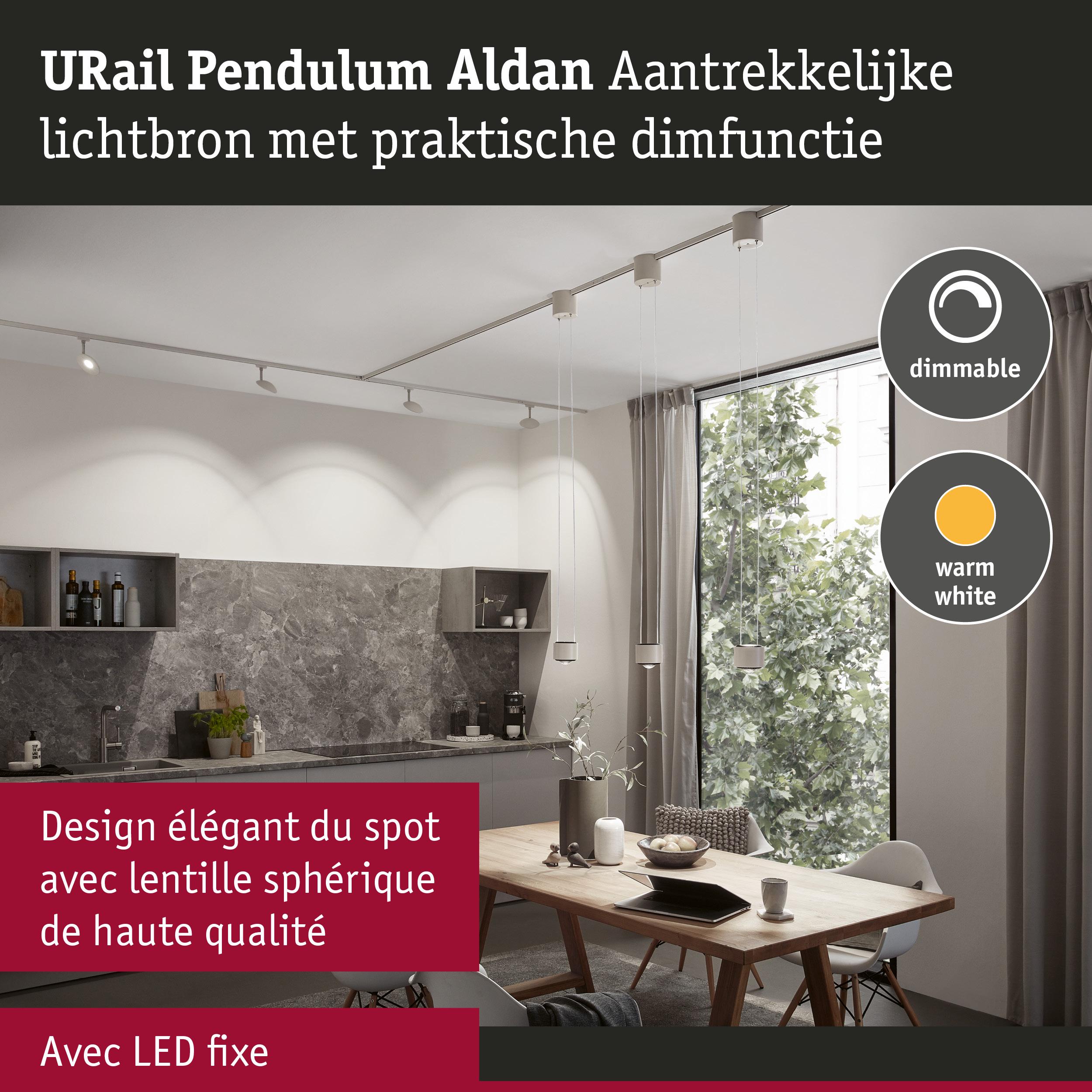 Suspension URail Pendulum Aldan blanche avec LED dimmable blanc chaud, éclairage élégant pour salle à manger