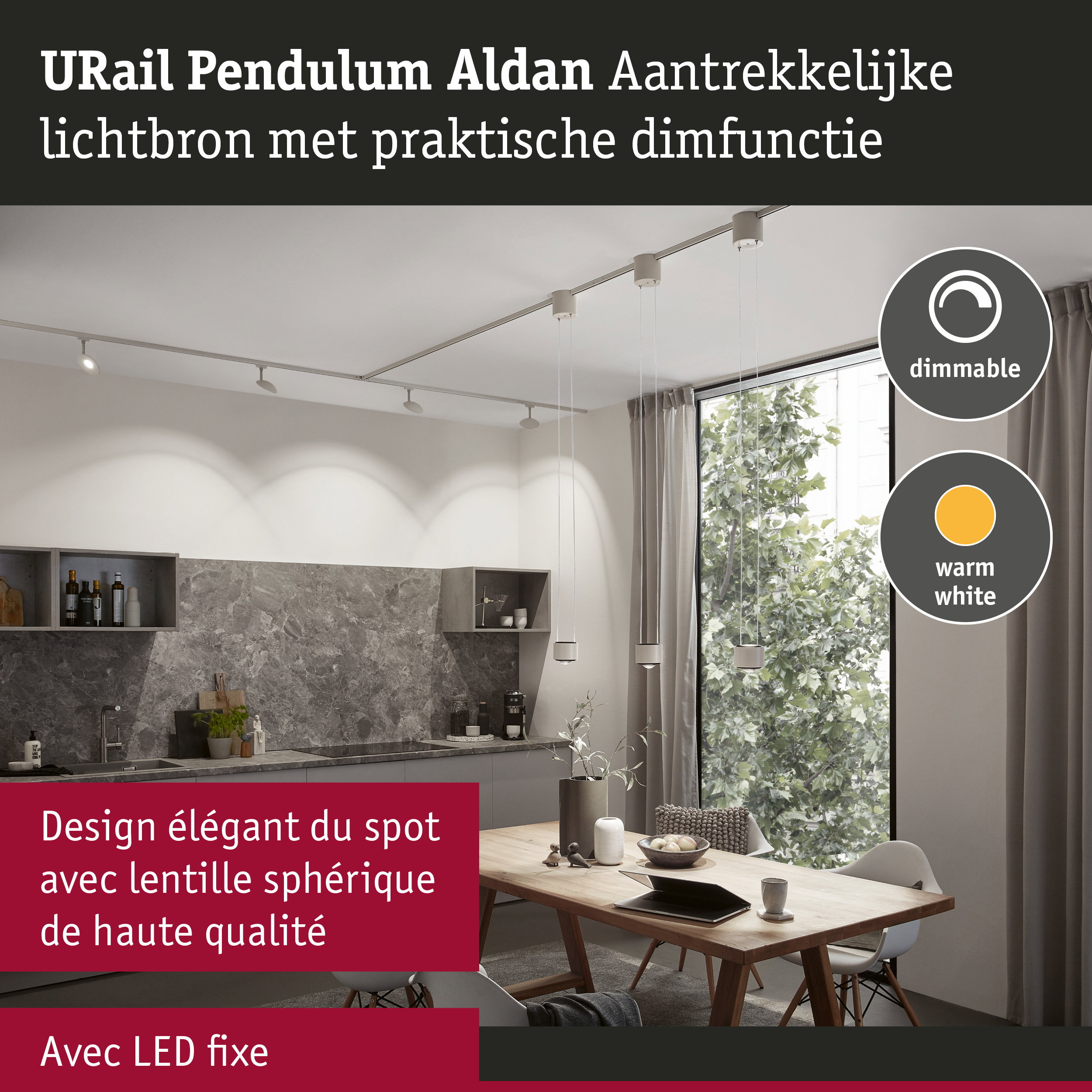URail Pendulum Aldan lampe LED blanche dimmable au design élégant avec lumière blanche chaude