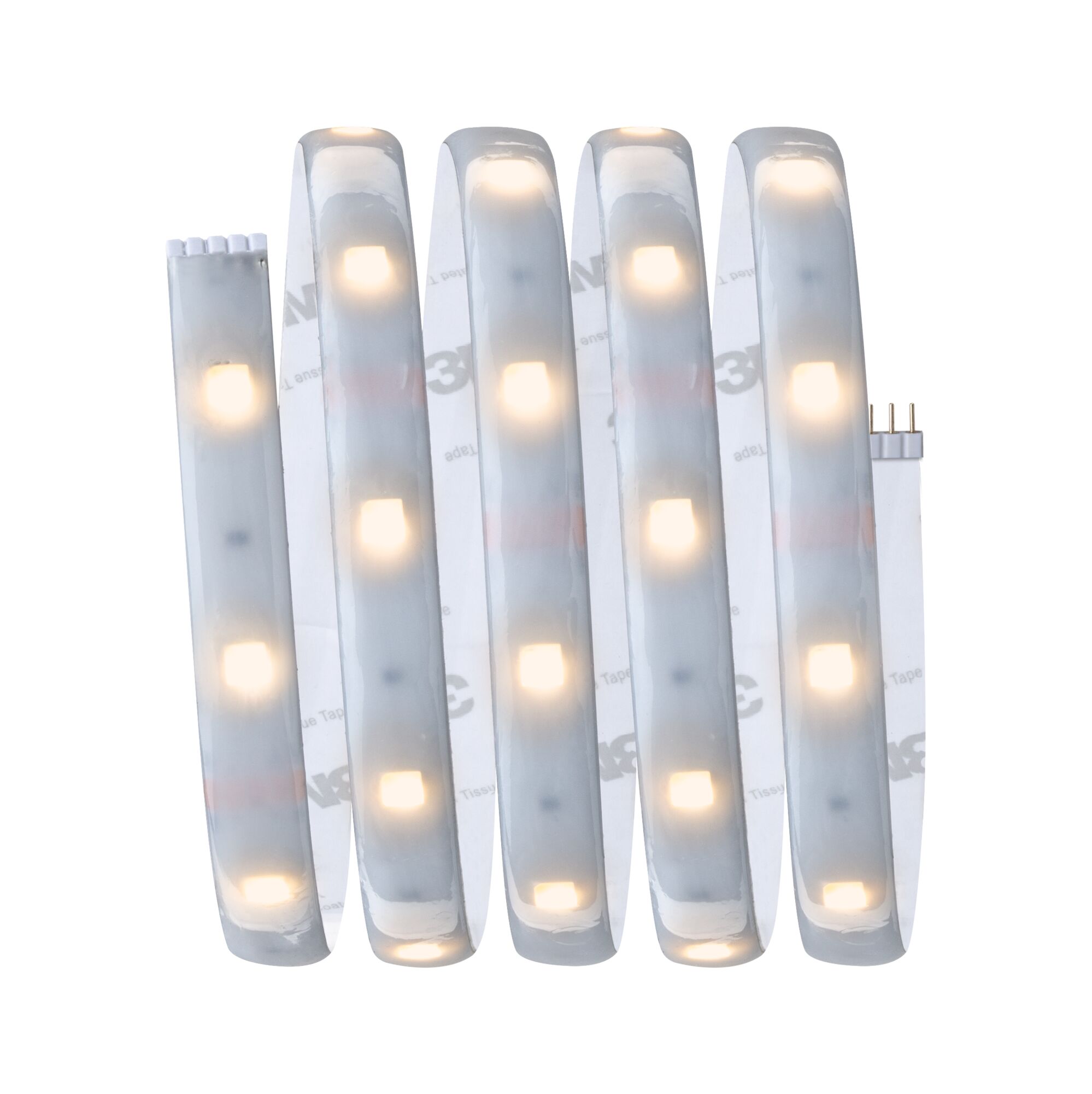 Flexibler LED-Lichtstreifen mit warmweißem Licht und selbstklebender Rückseite für vielseitige Beleuchtung.