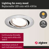 Brushed aluminium LED recessed spotlight with warm white dimmable light and 430 lumens output