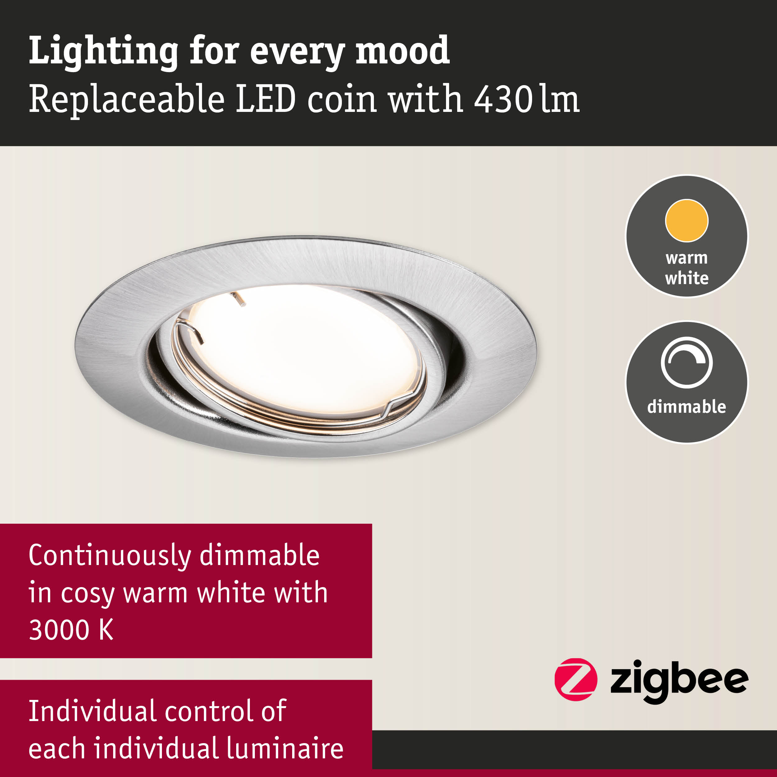 Round brushed aluminium recessed spotlight with warm white dimmable LED light for home lighting