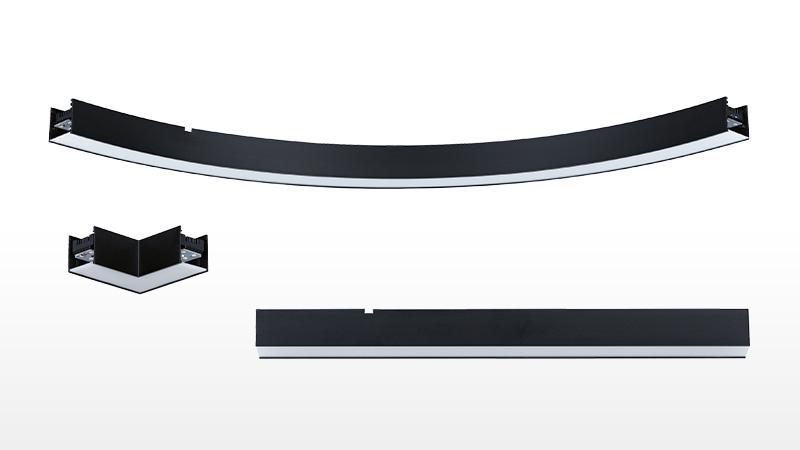 Schwarze LED-Lichtkomponenten in gerader, gebogener und Eckform für moderne Beleuchtungssysteme.