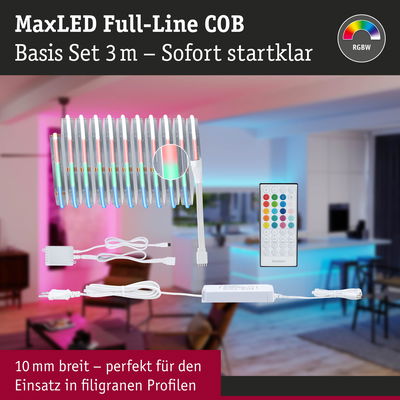 MaxLED Full-Line COB LED-Lichtband 3m mit Fernbedienung und Netzteil, RGBW Farbwechsel für Wohnraumbeleuchtung