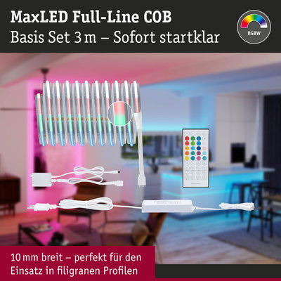 MaxLED Full-Line COB LED-Lichtband 3m mit Fernbedienung und Netzteil, RGBW Farbwechsel für Wohnraumbeleuchtung